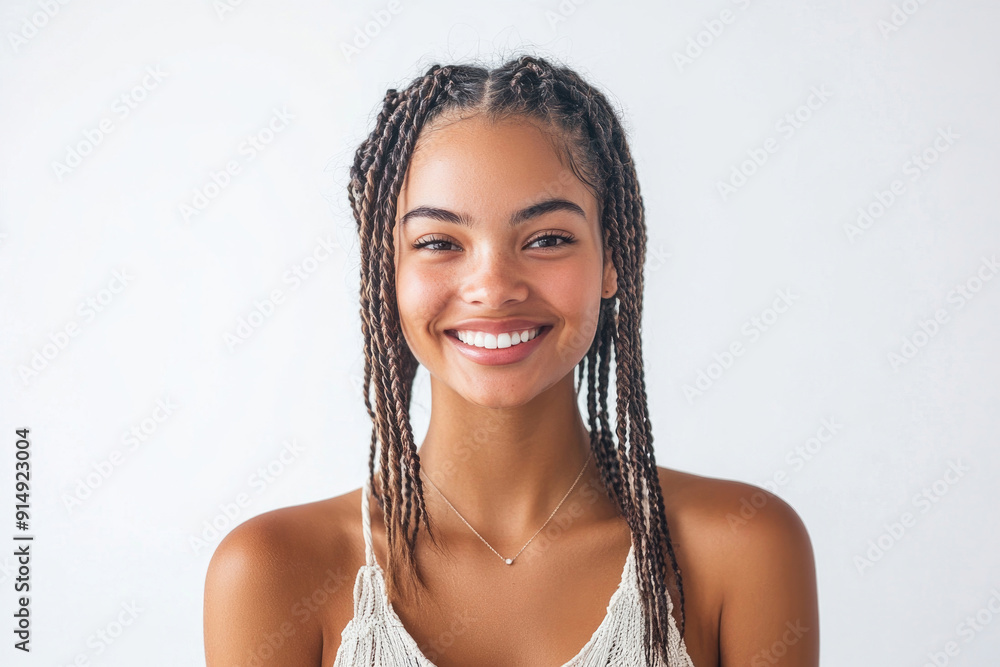 Half-body portrait of a young beautiful woman with boho braids, smiling on a white studio background. Half-body portrait of a young beautiful woman with boho braids, smiling on a white studio background.