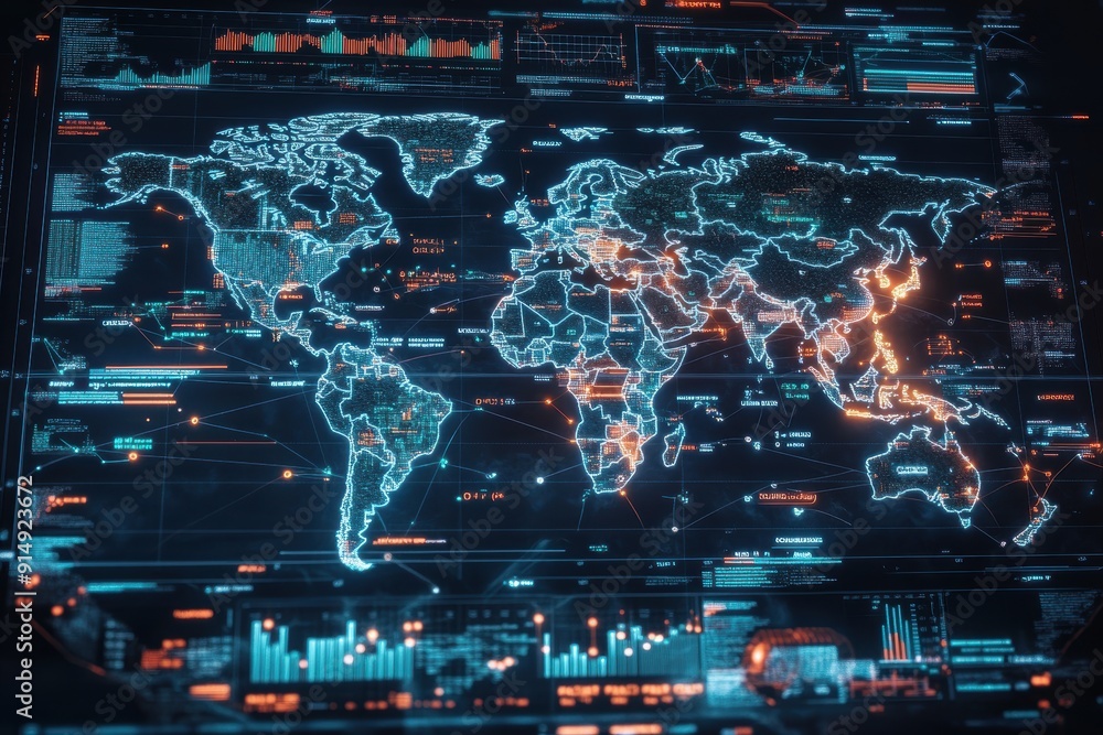 Fototapeta premium Futuristic world map with glowing data visualizations, showcasing trends and analytics in an immersive digital display.