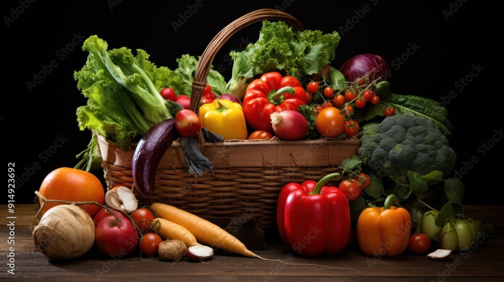 organic fruits and vegetables displayed in a basket, organic fruits and vegetables displayed in a basket,