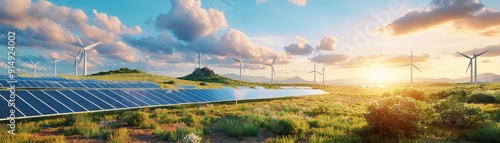 A beautiful landscape featuring solar panels and wind turbines under a vibrant sky, symbolizing renewable energy and sustainability.