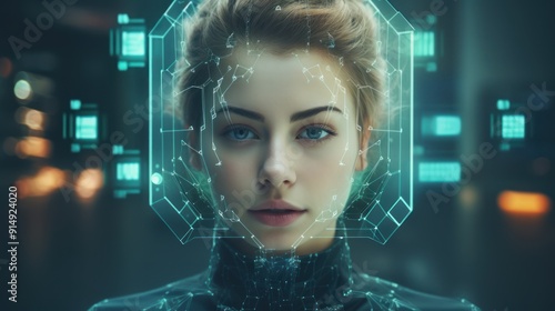 Close-up of a young woman with digital facial recognition overlay, 