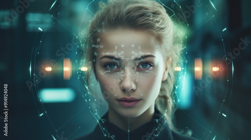  Women or business people with technology, a young woman with digital facial recognition overlay, 