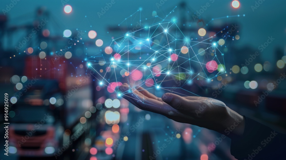 Hand Holding a Network of Lights in a City Hand Holding a Network of Lights in a City