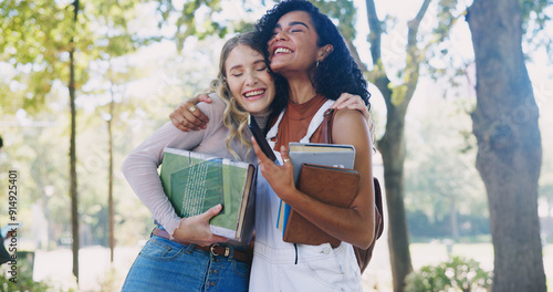 Konstfotografi Happy, support or women hug in park, garden or school campus for bonding, acceptance or community