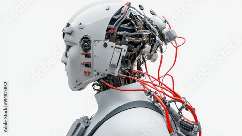 A futuristic robot head showcasing intricate wiring and technology, representing advancements in artificial intelligence and robotics.