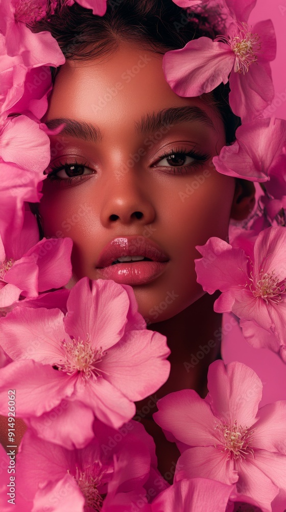 Close-up Portrait of a Woman Holding a Pink Flower, Complemented by a Pink Background, Exuding Beauty and Confidence in Feminine Elegance Close-up Portrait of a Woman Holding a Pink Flower, Complemented by a Pink Background, Exuding Beauty and Confidence in Feminine Elegance