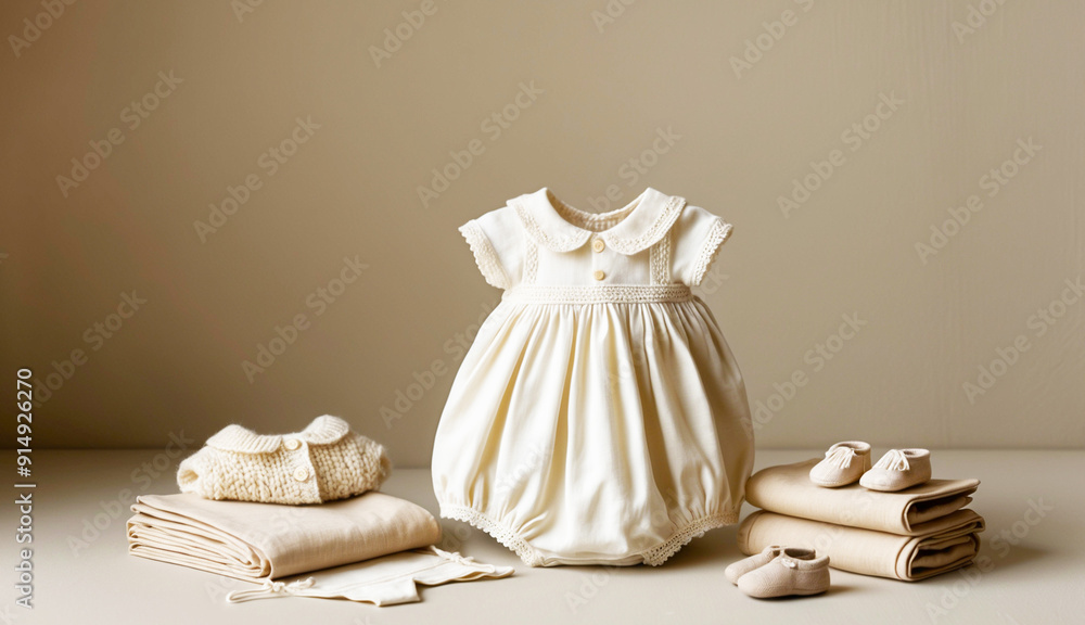 Baby Outfit with Accessories on Neutral Background Baby Outfit with Accessories on Neutral Background