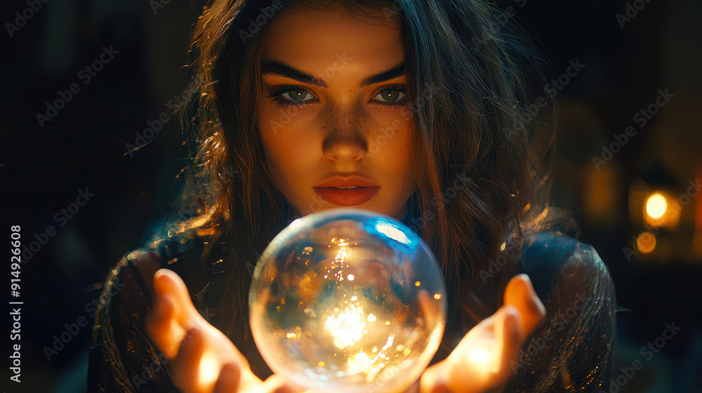 Naklejka premium Mystic Fortune Teller Gazing Into Glowing Crystal Orb in Dimly Lit Room: Enchanted Night, Mystical Ideas, Tarot Reading Vibes, and Psychic Predictions, Capturing the Mysteries of a Bewitching Evening