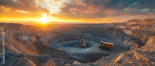 Fototapeta Naklejka Na Ścianę i Meble -  Industrial mining machinery in action at a large-scale excavation site with a dramatic sunset in the background highlighting the blend of nature and industry