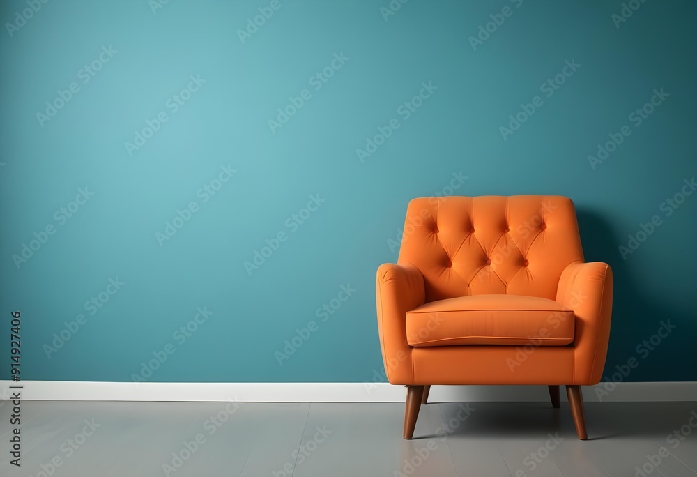 An orange tufted armchair in front of a teal blue wall An orange tufted armchair in front of a teal blue wall