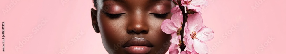 Obraz premium Close-up Portrait of a Woman Holding a Pink Flower, Complemented by a Pink Background, Exuding Beauty and Confidence in Feminine Elegance