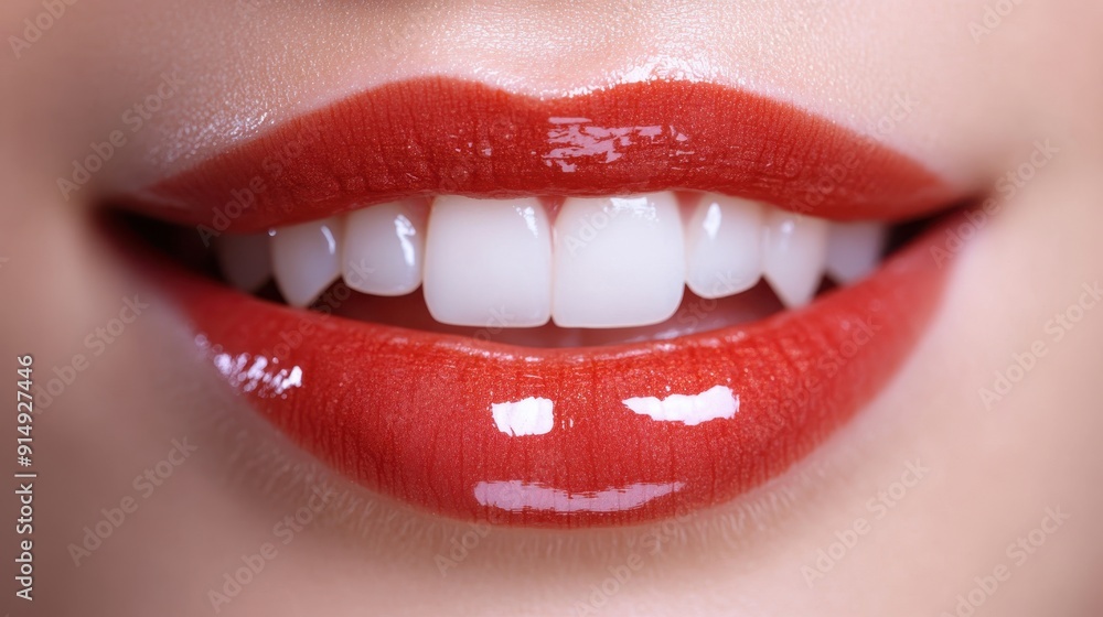 Obraz premium Young woman with Gloss red lips,closeup face lady in studio background,smooth and glow skin. Natural beauty, healthy and girl or female with makeup for shiny mouth, fresh and collagen,copy space.