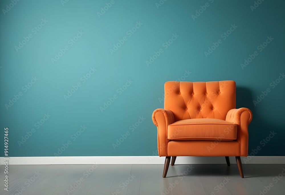 An orange tufted armchair in front of a teal blue wall An orange tufted armchair in front of a teal blue wall