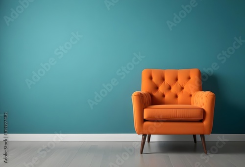 An orange tufted armchair in front of a teal blue wall