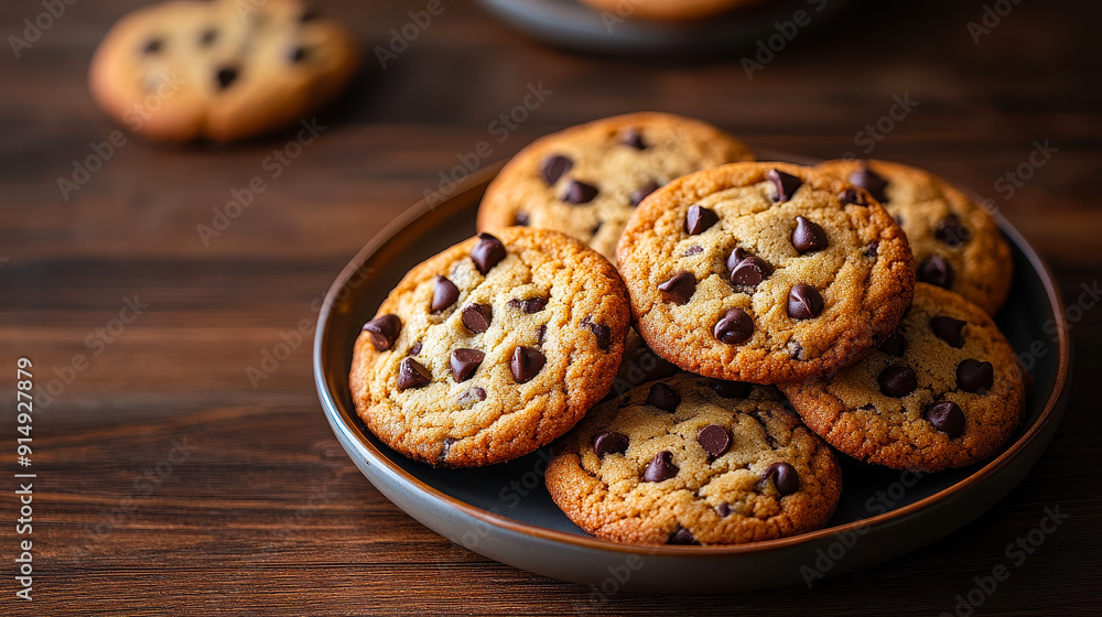 Freshly Baked Chocolate Chip Cookies on a Wooden Plate, Cozy Evening Snack, Homemade Dessert Treats, Close-Up Shot, Dark Rustic Background Freshly Baked Chocolate Chip Cookies on a Wooden Plate, Cozy Evening Snack, Homemade Dessert Treats, Close-Up Shot, Dark Rustic Background