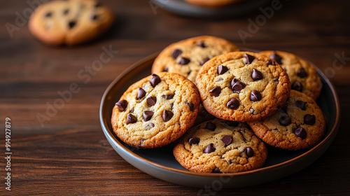 Freshly Baked Chocolate Chip Cookies on a Wooden Plate, Cozy Evening Snack, Homemade Dessert Treats, Close-Up Shot, Dark Rustic Background