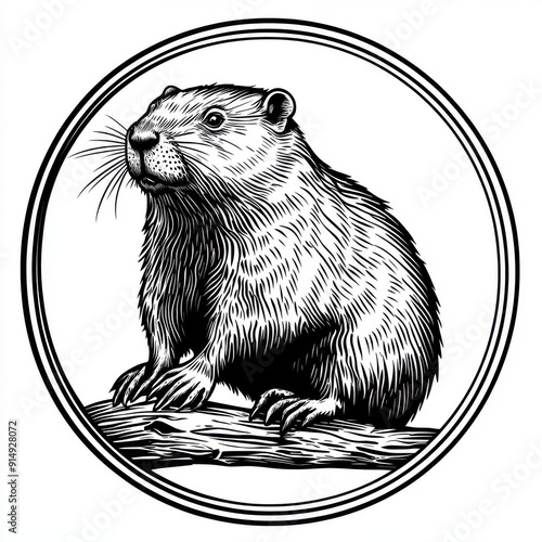 Black and white Vintage engraved art of a beaver in a circular stamp logo style, isolated on white background, ink sketch illustration, simple vector art design, highly detailed line art