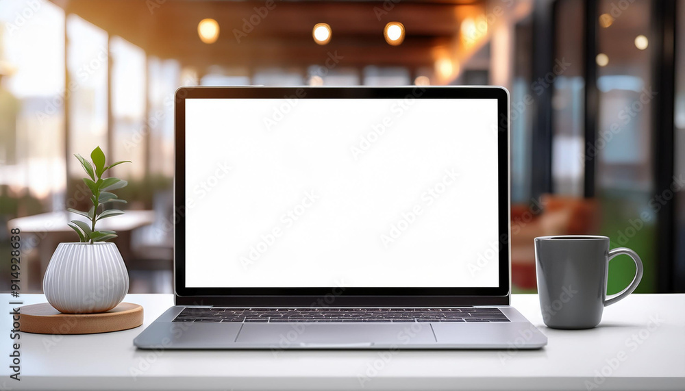 Notebook laptop white screen mockup is on a white table in simple minimal coffee shop Notebook laptop white screen mockup is on a white table in simple minimal coffee shop