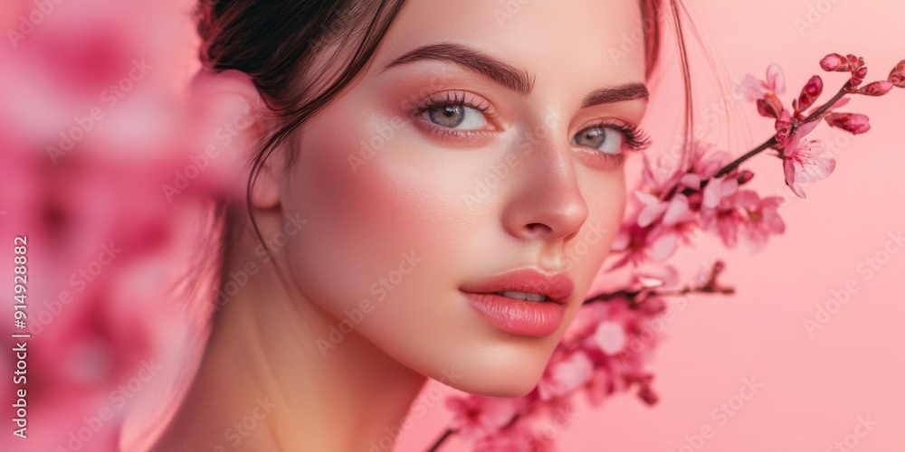 Close-up Portrait of a Woman Holding a Pink Flower, Complemented by a Pink Background, Exuding Beauty and Confidence in Feminine Elegance Close-up Portrait of a Woman Holding a Pink Flower, Complemented by a Pink Background, Exuding Beauty and Confidence in Feminine Elegance
