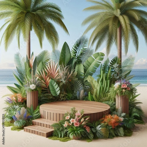 Tropical Paradise: Podium surroundedlush tropical plants like palms and ferns,with a backdrop of a beach scene photo