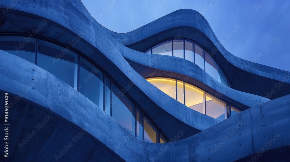 Naklejka premium Abstract architectural form with flowing lines and organic shapes illuminated at night