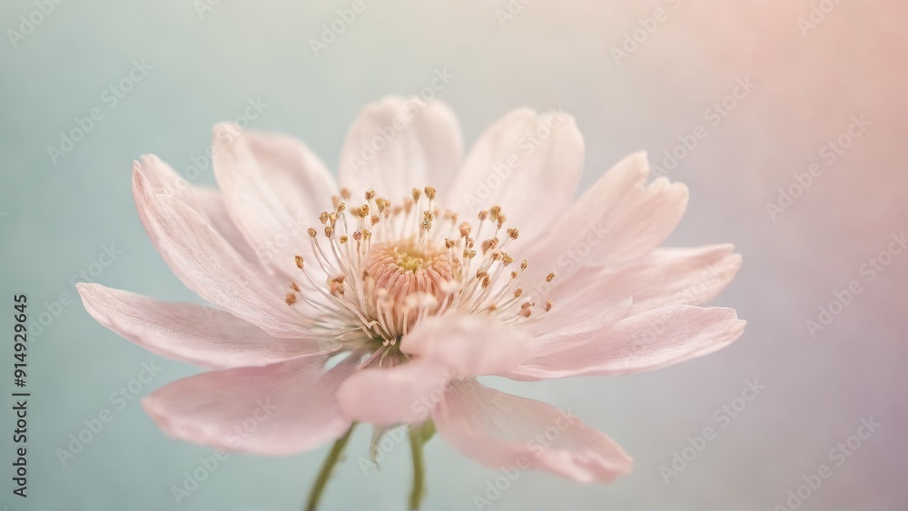 Fototapeta premium A delicate soft pink flower in close-up with gently blurred pastel background, capturing the intricate details of the petals and stamens in a dreamy and serene atmosphere.