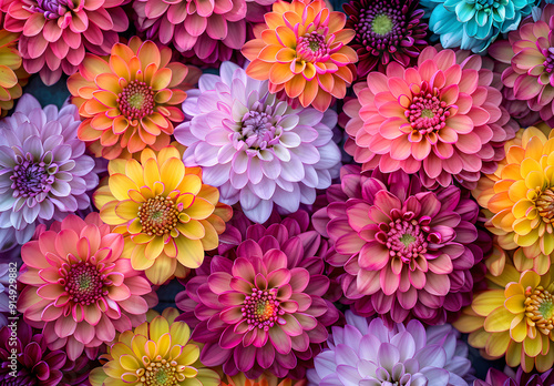 A vibrant and colorful close-up of various types of dahlias, showcasing their intricate petals and diverse shades.