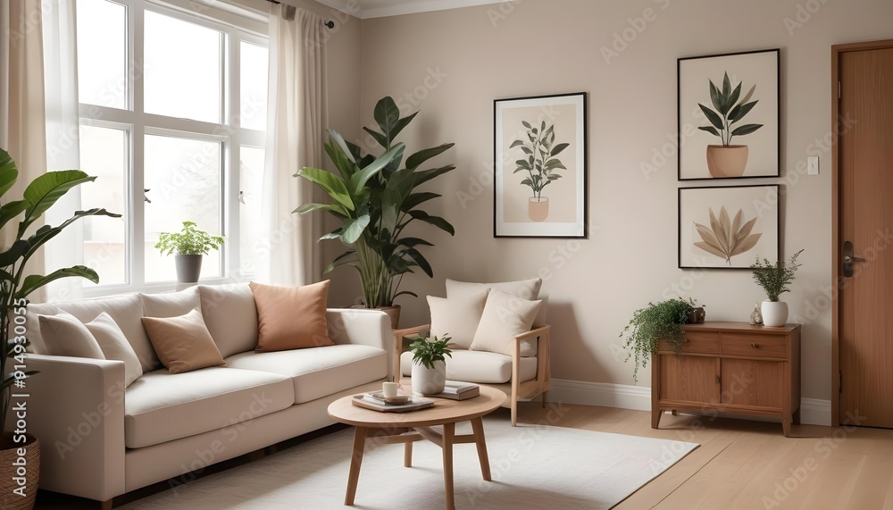 A modern and cozy living room with a beige sofa, a wooden coffee table, a potted plant, and framed artwork on the wall. A modern and cozy living room with a beige sofa, a wooden coffee table, a potted plant, and framed artwork on the wall.
