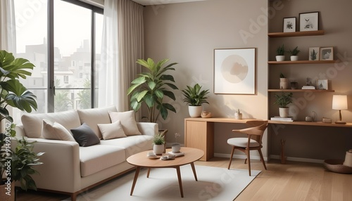 A modern and cozy living room with a beige sofa, a wooden coffee table, a potted plant, and framed artwork on the wall. 