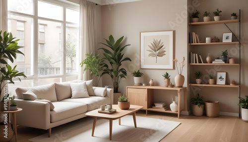 A modern and cozy living room with a beige sofa, a wooden coffee table, a potted plant, and framed artwork on the wall. 