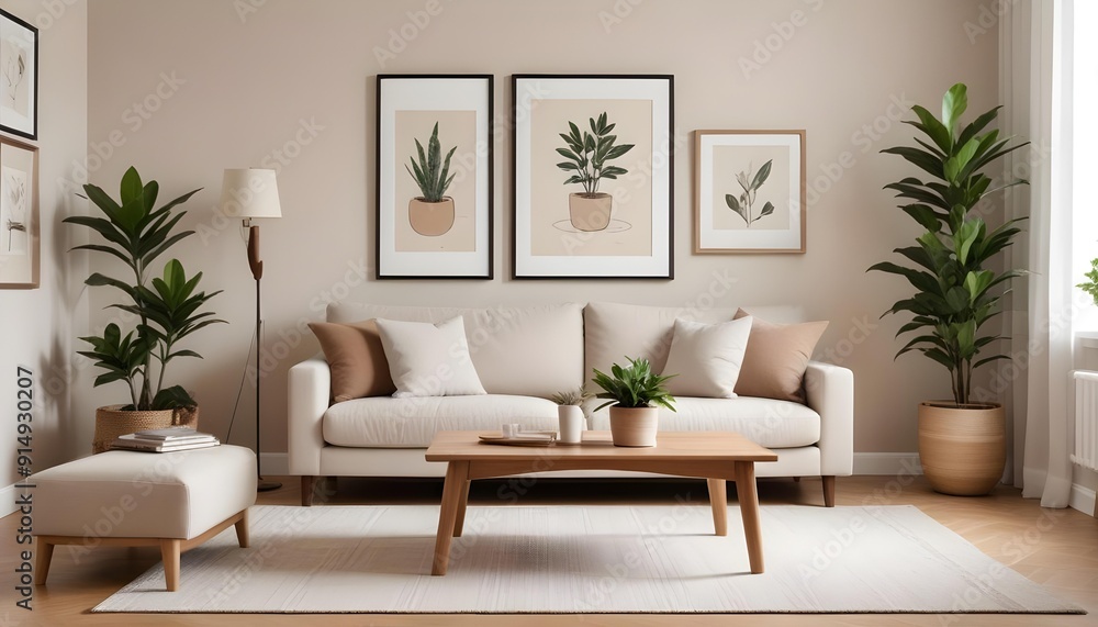A modern and cozy living room with a beige sofa, a wooden coffee table, a potted plant, and framed artwork on the wall. A modern and cozy living room with a beige sofa, a wooden coffee table, a potted plant, and framed artwork on the wall.