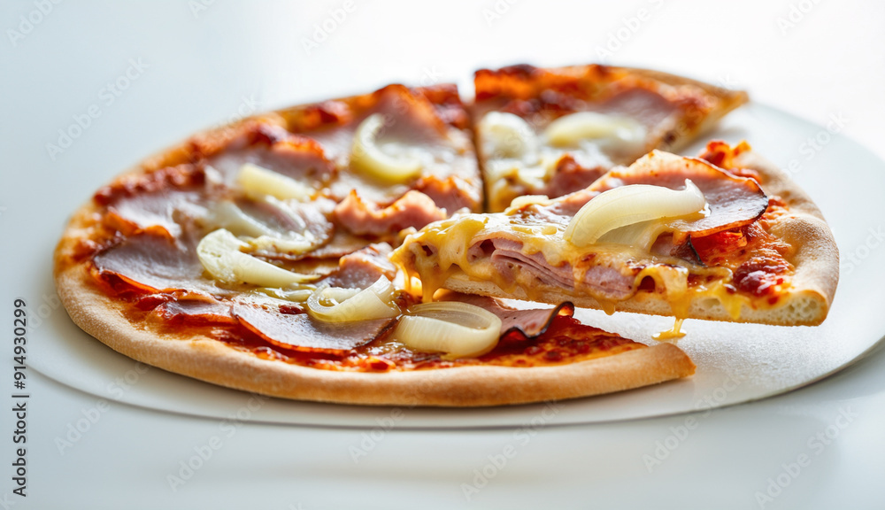 Whole ham and onion pizza with a slice being lifted Whole ham and onion pizza with a slice being lifted