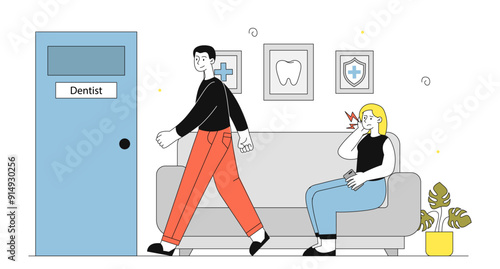 Queue to dentist. Man and woman with toothache waiting to visit dentist. Dentistry and stomatology. Health care and medicine. Oral cleanliness and hygiene. Linear vector illustration