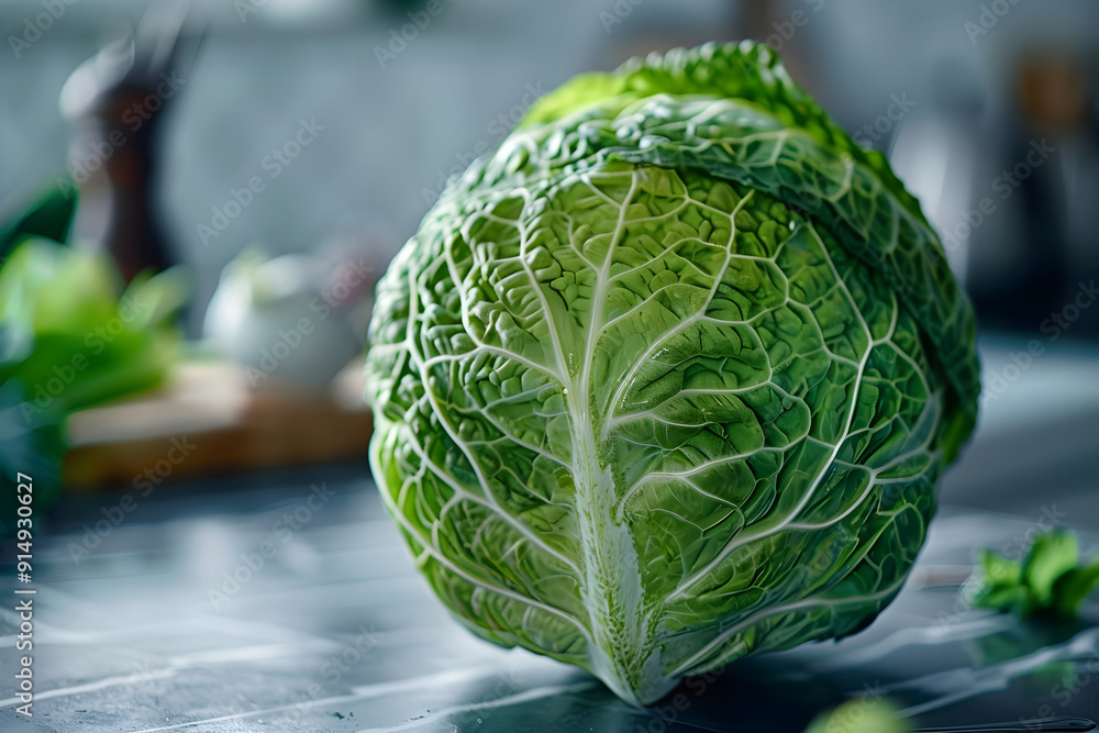 Fototapeta premium Green Cabbage on a Black Countertop - Realistic Photo