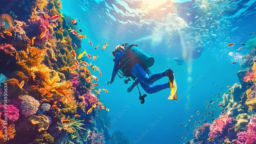 Adventuresome scuba diver discovering the tranquil underwater environment Adventuresome scuba diver discovering the tranquil underwater environment