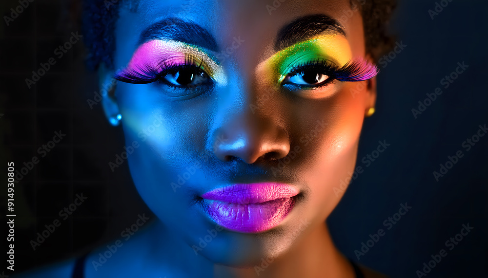 frau, schönheit, y2k, glowing, make-up, glow, neu, afro, 90s, retros, style, aesthetic, model, leuchtend, neon, close up, schwarz, lidschatten, lippenstift, pink, regenbogen, blau, gesicht, ad, photo, frau, schönheit, y2k, glowing, make-up, glow, neu, afro, 90s, retros, style, aesthetic, model, leuchtend, neon, close up, schwarz, lidschatten, lippenstift, pink, regenbogen, blau, gesicht, ad, photo,