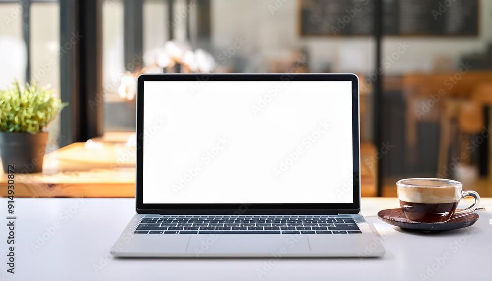 Notebook laptop white screen mockup is on a white table in simple minimal coffee shop Notebook laptop white screen mockup is on a white table in simple minimal coffee shop