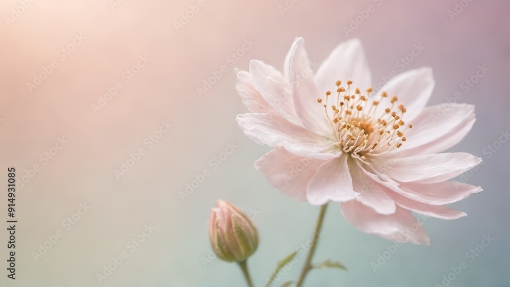 A delicate soft pink flower in close-up with gently blurred pastel background, capturing the intricate details of the petals and stamens in a dreamy and serene atmosphere. A delicate soft pink flower in close-up with gently blurred pastel background, capturing the intricate details of the petals and stamens in a dreamy and serene atmosphere.