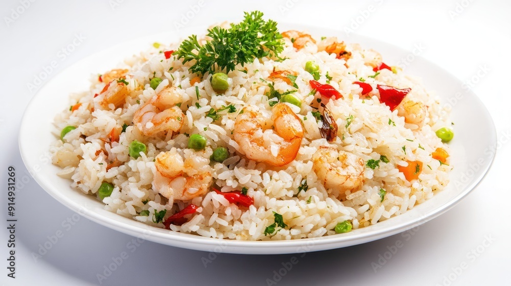 a plate of fried rice with a very delicious shrimp mixture a plate of fried rice with a very delicious shrimp mixture