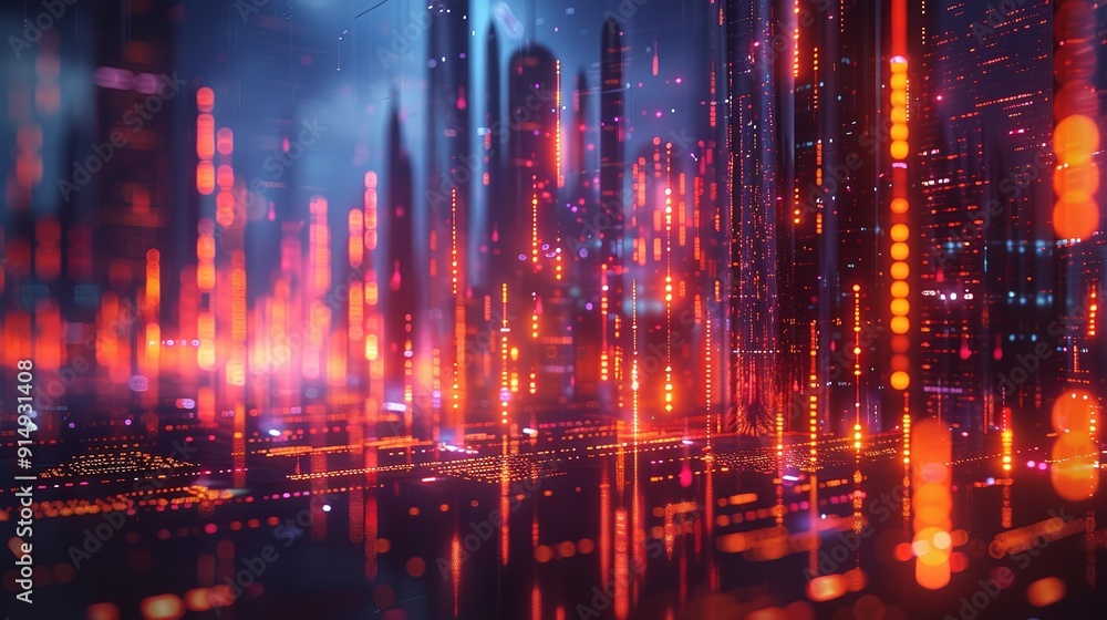 Naklejka premium Infographic representation of business statistics Complexity graphs analytical diagrams in technology background Bright neon dark