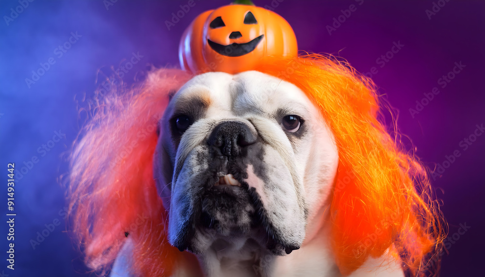 Φωτογραφία weißer, hund, bulldog, tier, halloween, kürbis, kostüm, neon, vibrant, y2k, retr