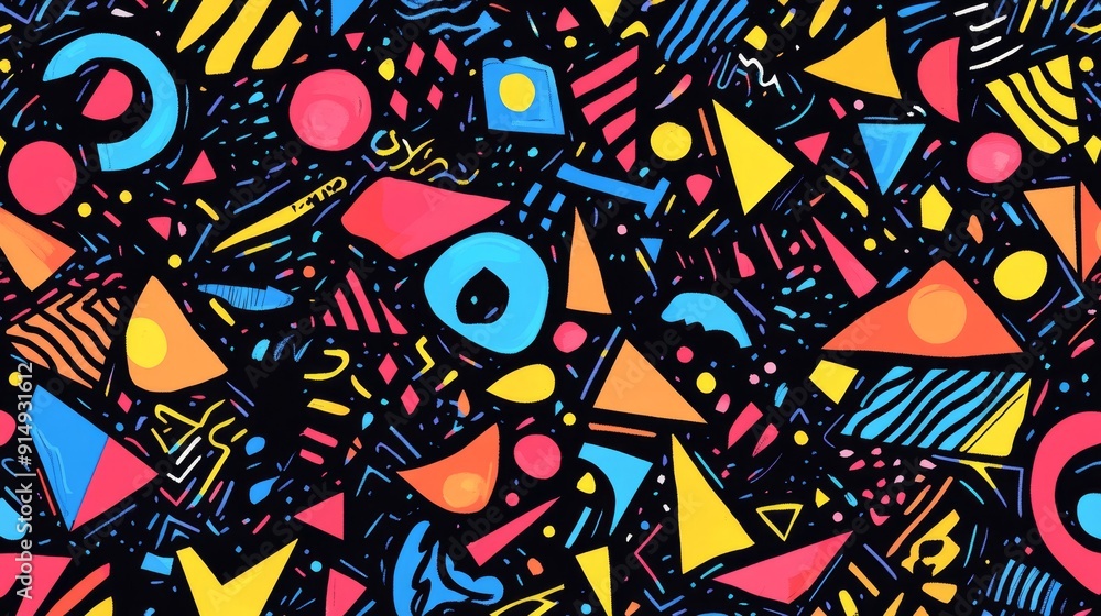 Colorful busy funky pattern with random geometric shapes and bold design illustration Colorful busy funky pattern with random geometric shapes and bold design illustration