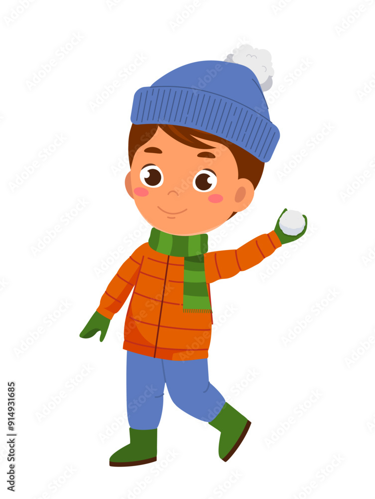 Winter boy throws snowball. Schoolboy in hat and scarf playing in cold weather. Active lifestyle, fun and recreation outdoors. Kid in snowy day. Flat vector illustration Winter boy throws snowball. Schoolboy in hat and scarf playing in cold weather. Active lifestyle, fun and recreation outdoors. Kid in snowy day. Flat vector illustration
