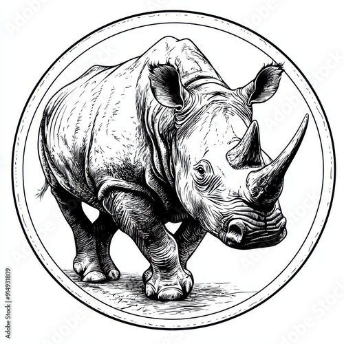 Black and white Vintage engraved art of a rhinoceros in a circular stamp logo style, isolated on white background, ink sketch illustration, simple vector art design, highly detailed line art photo