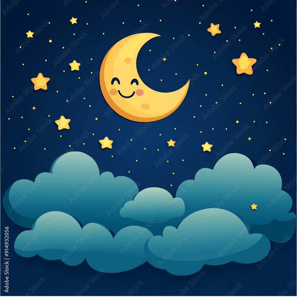 Cute cartoon moon and stars in night sky with fluffy clouds in a whimsical, dreamy illustration Cute cartoon moon and stars in night sky with fluffy clouds in a whimsical, dreamy illustration