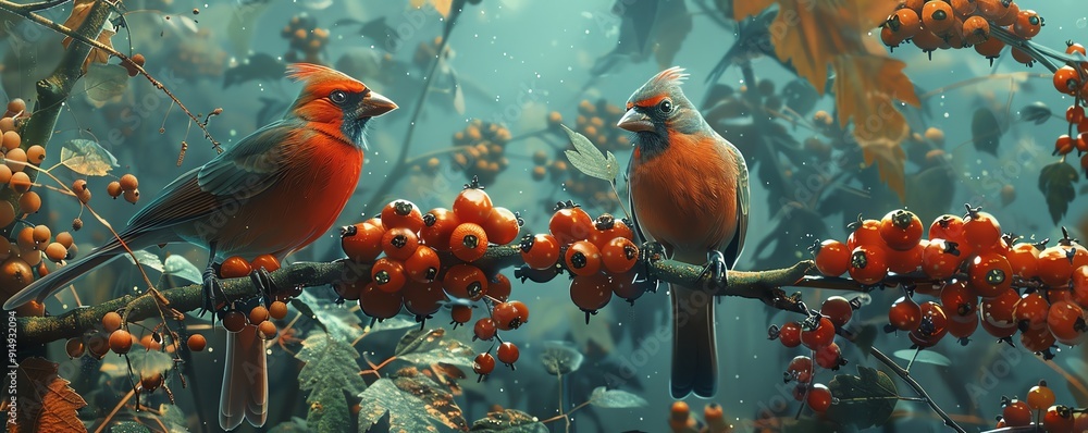 Endangered birds feeding on rare berries in a shrinking habitat, flora food chain endangered, avian diet Endangered birds feeding on rare berries in a shrinking habitat, flora food chain endangered, avian diet