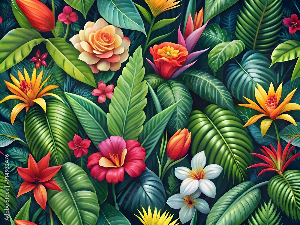 Colorful tropical flowers and leaves pattern background Colorful tropical flowers and leaves pattern background
