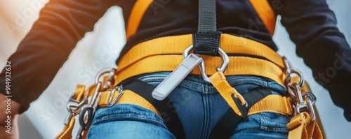 A close-up view of a safety harness worn by a worker, showcasing gear used for fall protection in construction and outdoor activities.