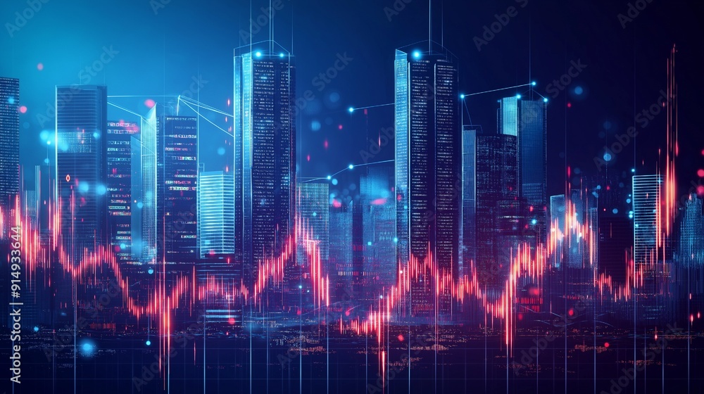 A contemporary metropolis featuring gleaming forex charts separated against a clear backdrop A contemporary metropolis featuring gleaming forex charts separated against a clear backdrop