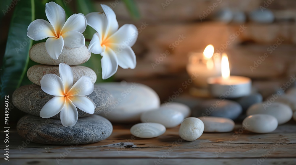 Create a serene spa-themed background featuring pink frangipani flowers, neatly folded white towels, and green tropical leaves scattered around Create a serene spa-themed background featuring pink frangipani flowers, neatly folded white towels, and green tropical leaves scattered around